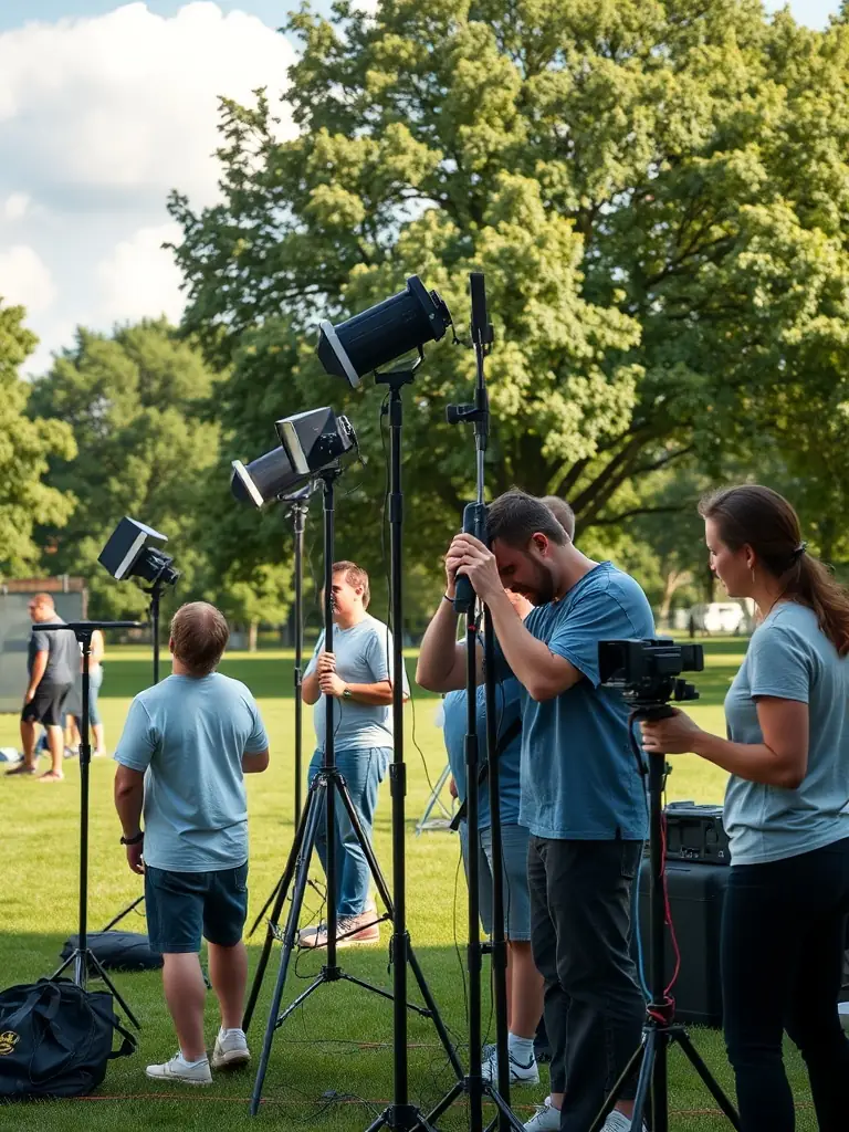A photograph of volunteers from ASSOCIATION BLACK LABEL setting up lighting and sound equipment for an outdoor film screening event in a public park.