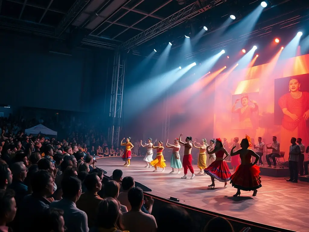 A vibrant image depicting a diverse group of performers on stage during a cultural event supported by ASSOCIATION BLACK LABEL, showcasing the energy and community engagement fostered by the organization.