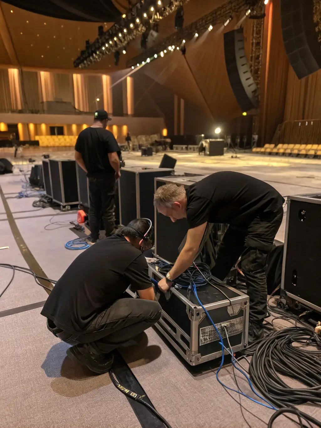 A behind-the-scenes shot of ASSOCIATION BLACK LABEL staff organizing equipment and coordinating logistics for a live music event.