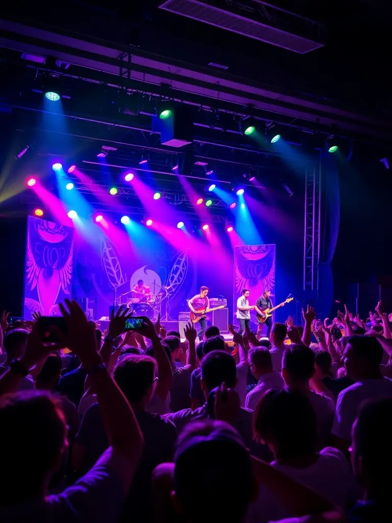 A vibrant photograph capturing a live music performance supported by ASSOCIATION BLACK LABEL, showcasing musicians on stage with enthusiastic audience members in the background.