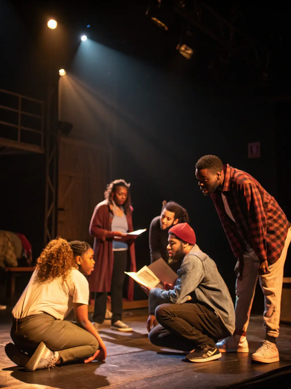 A dynamic image of a community theater group rehearsing a play, with ASSOCIATION BLACK LABEL providing technical assistance and organizational support.